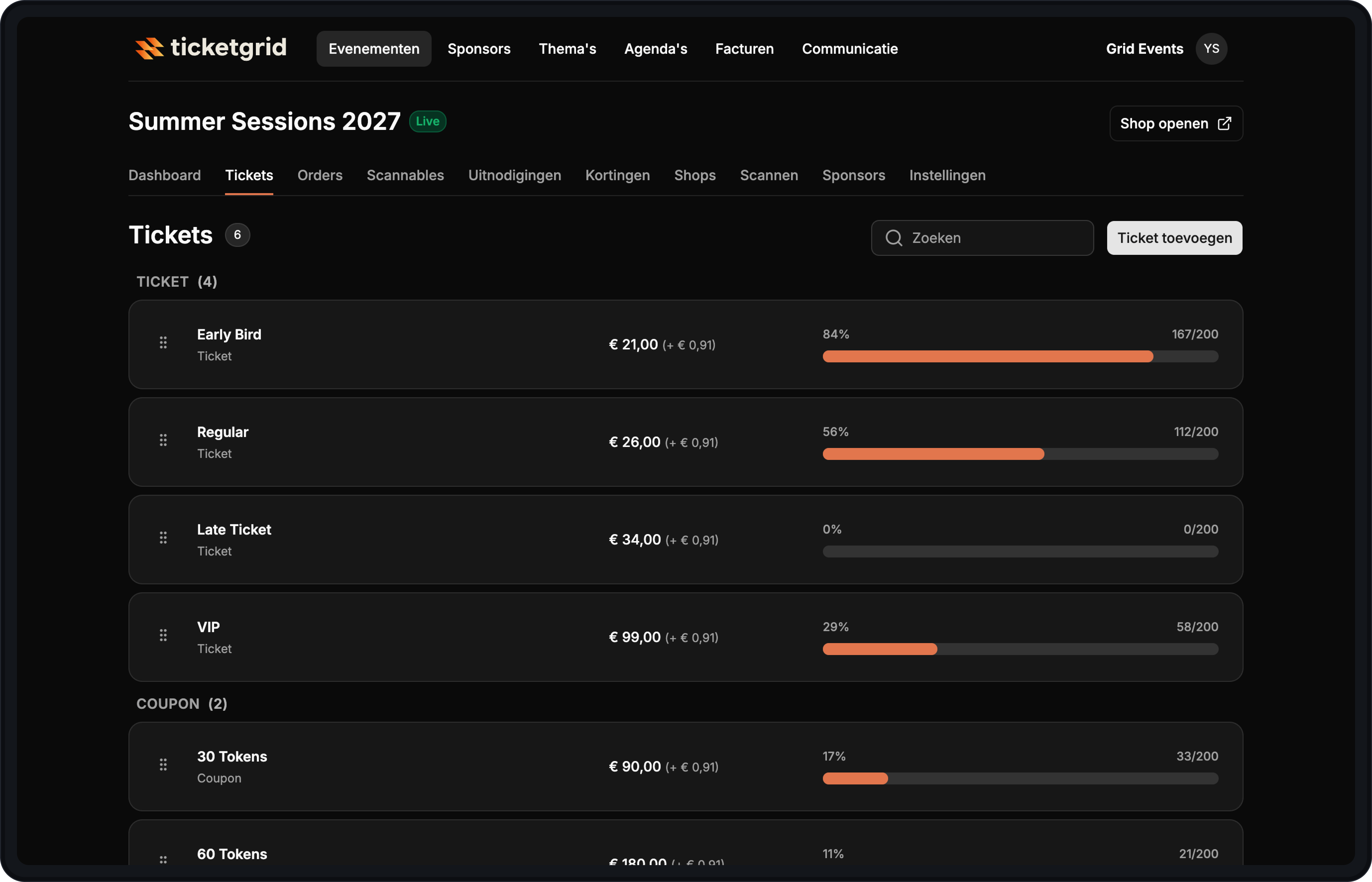Ticketgrid ticketsdashboard met tickettypes, prijzen en verkoopvoortgang